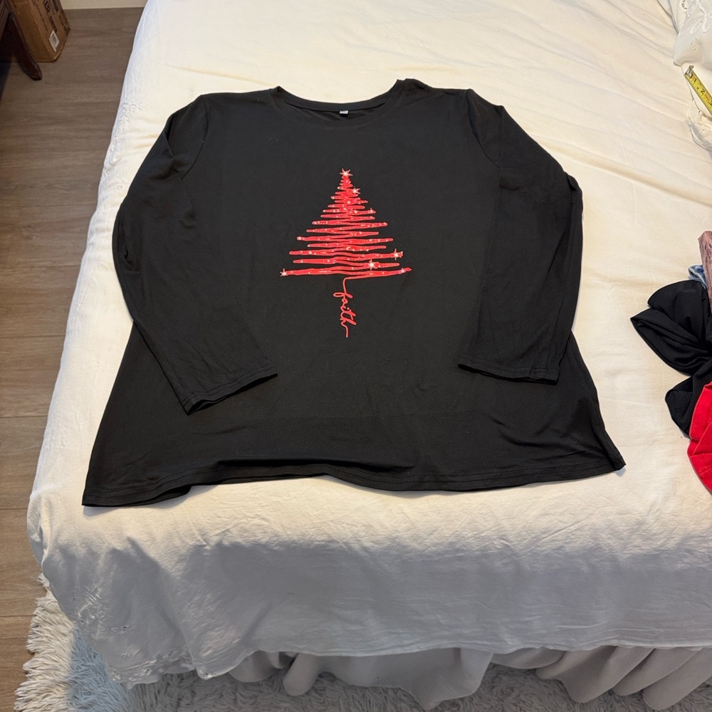 Black Long Sleeve Top with Red Tree Design